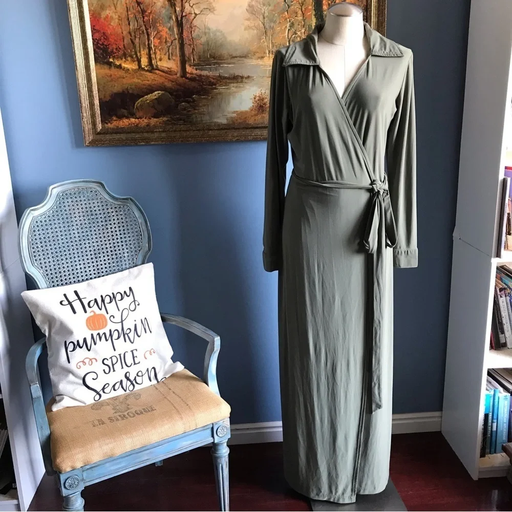 Shabby apple olive green long sleeves maxi wrap dress size 12 basic fall neutral - Picture 1 of 14